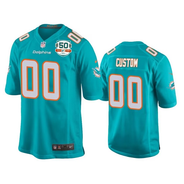 Men's Miami Dolphins Custom Aqua With 50th Perfect Season Patch Stitched Game Jersey - Click Image to Close